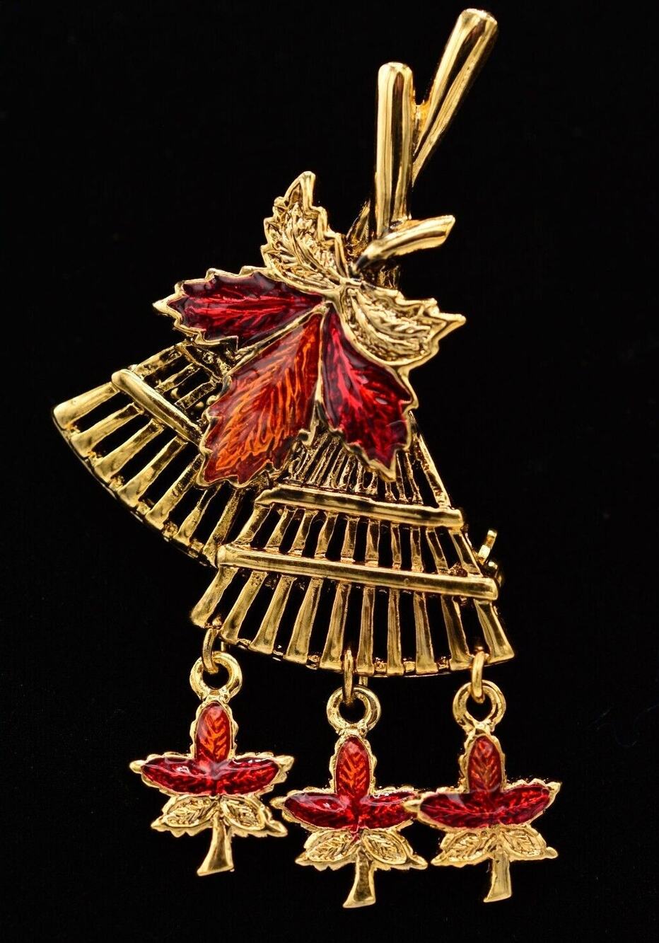Vintage Rake Leaf Pin Brooch Autumn Fall Maple Gold Red Enamel NOS 1980s BinA3